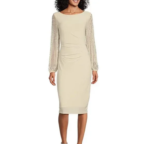 MARINA | Dresses | Marina Round Neck Beaded Lace Long Sleeve Side Drape Sheath  Dress Sz | Poshmark